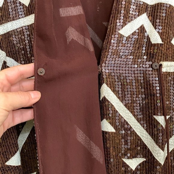 Vintage Fully Sequined Silk Brown White Aztec Design Surplice Tunic Dress XS - Picture 12 of 17
